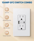 15Amps Gfci Outlet With Usb Ports, Type A And Type C Charging Hub, Pack Of 2, Screwless Wall Plate, 30 Second Self Test.