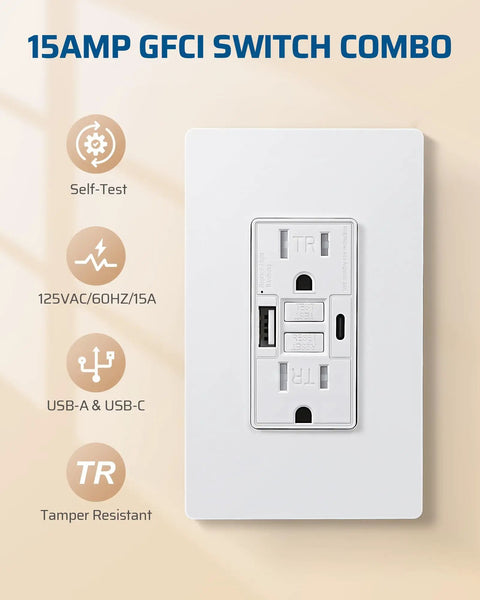 15Amps Gfci Outlet With Usb Ports, Type A And Type C Charging Hub, Pack Of 2, Screwless Wall Plate, 30 Second Self Test.