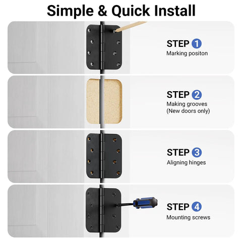Three Pack Four Inch Matte Black Door Hinges Heavy Duty Solid Iron Interior And Exterior With Five Eighths Inch Radius Corner Removable Pin Rustproof For Front Door Garage And Bedroom installation steps