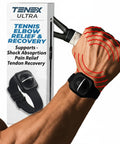 Wrist-Worn Tennis Elbow Brace For Men And Women With Non-Compression Support displayed on arm with packaging
