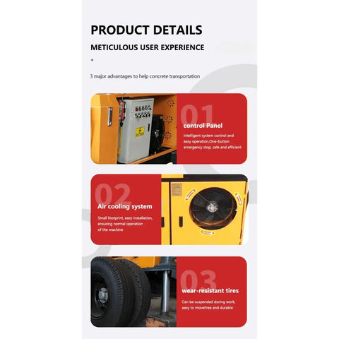 Beefy Trailer Mounted Hydraulic Concrete Pump With High Flow For Nonstop Material Delivery In Commercial Buildings, Warehouses, Industrial Workshops, And Residential Developments control panel, cooling fan and tire detail