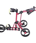 Lightweight Aluminum Golf Push Cart Foldable Three Wheel Trolley With Adjustable Handle showing red frame and smooth wheels.