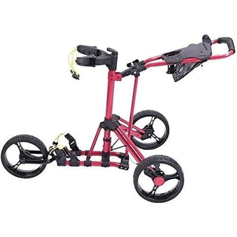 Lightweight Aluminum Golf Push Cart Foldable Three Wheel Trolley With Adjustable Handle showing red frame and smooth wheels.
