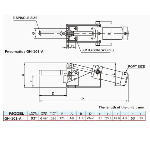 Technical diagram of a 300mm Pneumatic Hold Down Clamp for Welding and Fixtures, showing dimensions and specifications for metal fabrication.