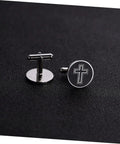 Cross Pattern Black Titanium Steel Cufflinks For Men, Slick Shirt Fasteners, polished finish, ideal for casual and formal wear.