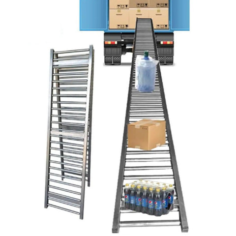 Foldable Gravity Conveyor System For Light Duty Unpowered Roller Transport In Warehouses And Shops shown with boxes and bottles