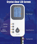 Front view of digital tester from 6 In 1 Digital Aquarium Water Test Kit With 50 Strips For Fresh And Saltwater Tanks Fast And Accurate PH Nitrate Nitrite Chlorine Total Hardness And Carbonate Testing For Fish Tanks with LED screen and navigation buttons.