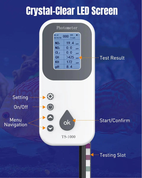Front view of digital tester from 6 In 1 Digital Aquarium Water Test Kit With 50 Strips For Fresh And Saltwater Tanks Fast And Accurate PH Nitrate Nitrite Chlorine Total Hardness And Carbonate Testing For Fish Tanks with LED screen and navigation buttons.