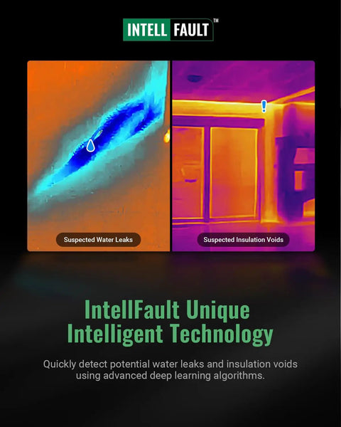 Thermal Imaging Camera With Live Pro Grade Super Resolution From 256x192 To 640x480 Real Time Boost IntellFault Intelligent Scene showing water leaks and insulation voids detection.