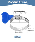 Stainless Steel Hose Clamps Worm Gear 15 Pack Adjustable 25 To 38 Mm Thumb Screw Clamp, blue handle, 8mm bandwidth