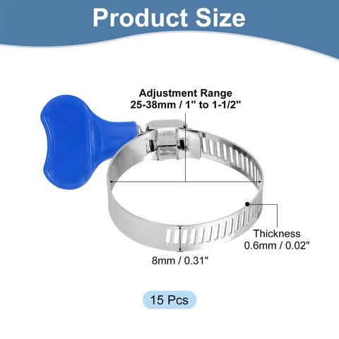 Stainless Steel Hose Clamps Worm Gear 15 Pack Adjustable 25 To 38 Mm Thumb Screw Clamp, blue handle, 8mm bandwidth