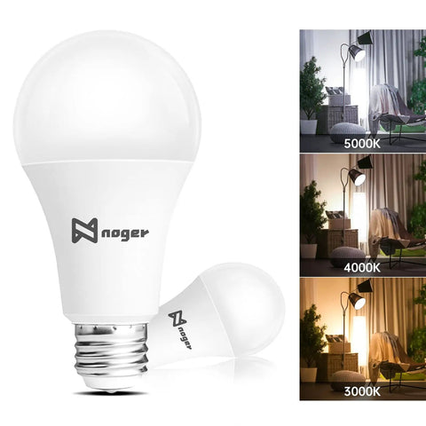 Three Way A21 LED Light Bulbs 50 100 150W Equivalent, 5000K Daylight, E26 Medium Base shown with light settings