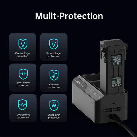 DJI Mavic 3 Pro Battery Charger Hub 200W Fast Charging Station with protection features and battery inserted
