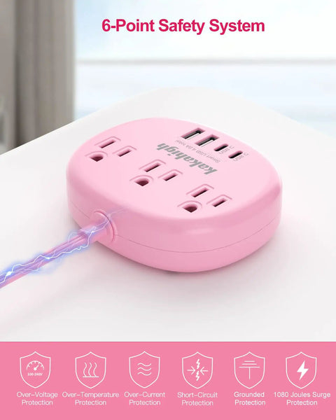 Pink Extension Cord 10 Foot Flat Power Strip With Two USB C Ports 24W Total Output Smart Charging Technology 5V 2.4A Per Port Ideal For Apple Devices Dorm Office Or Home Use, round pink surge protector