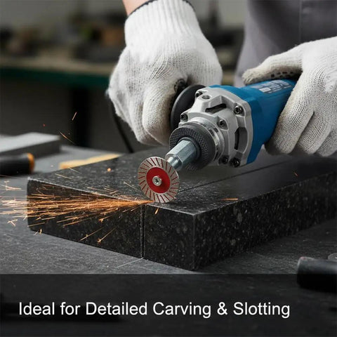 Badass Heavy Duty Precision Setup With Ultra Thin Diamond Saw Blades And Swappable M14 Threaded Shaft Handling Marble Granite Angle Grinder detail work in progress.