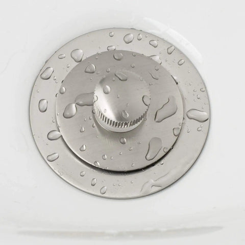 Lift And Turn Bathtub Drain Stopper Kit With Two Hole Overflow Faceplate Brass Tub Conversion Kit Easy Install Universal Fine And Coarse Thread Brushed Nickel Finish close-up view wet