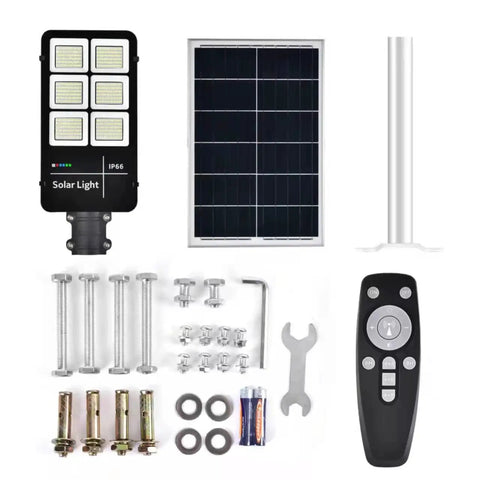 Beast Bright 400W Solar Street Light with components: LED light, solar panel, remote, mounting hardware, and tools.