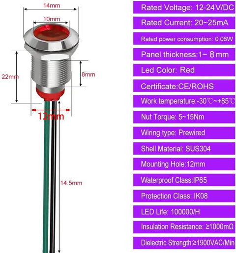 Diagram of Ten Pack 220V LED Indicator Lights Waterproof Signal Lamps 12mm, showing dimensions and specifications.