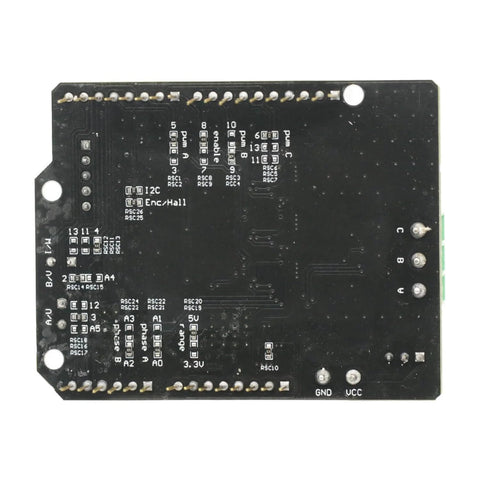 Pro Grade BLDC Motor Controller for FOC Shields showing pin layout, compatible with Arduino and STM32, 12V-35V DC range.
