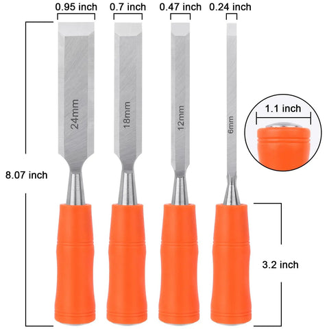 4 Piece Wood Chisel Set With Steel Hammer End And Ergonomic Plastic Handles For Woodworking Includes 6mm 12mm 18mm And 24mm Chisels