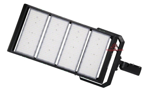 Badass 1000W LED Stadium Flood Light Featuring Rock Solid Aluminum Housing And DLC Certified Seoul LED Modules For Tough Outdoor Parking Lots And Industrial Work Sites Built Like A Tank For High Performance Ground Mount Lighting, angled view.