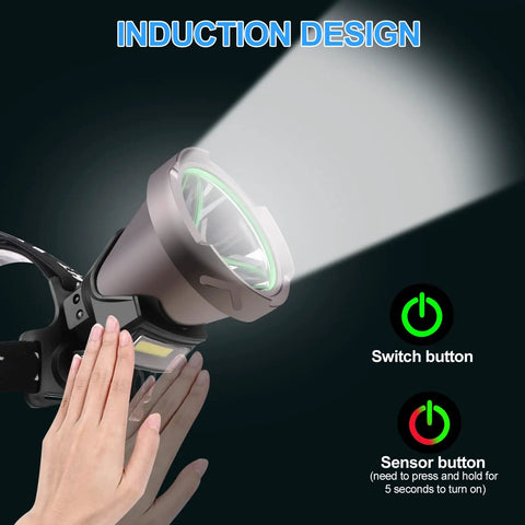 Rechargeable Headlamp With 8 Modes For Adults, Ultra Bright XHP90 LED Headlamp, IPX6 Waterproof side induction design view