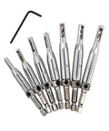 Premium Heavy Duty Seven Piece High Speed Steel Self Centering Hinge Drill Bit Kit With Precision Hex Shank, assorted sizes.