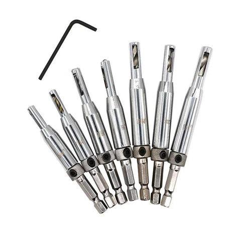 Premium Heavy Duty Seven Piece High Speed Steel Self Centering Hinge Drill Bit Kit With Precision Hex Shank, assorted sizes.