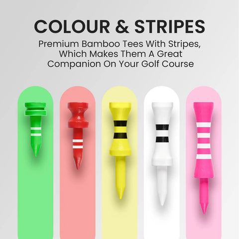 Wood Castle Golf Tees Set Mixed Colors displayed in a row, featuring high visibility step down training tees in five distinct colors.