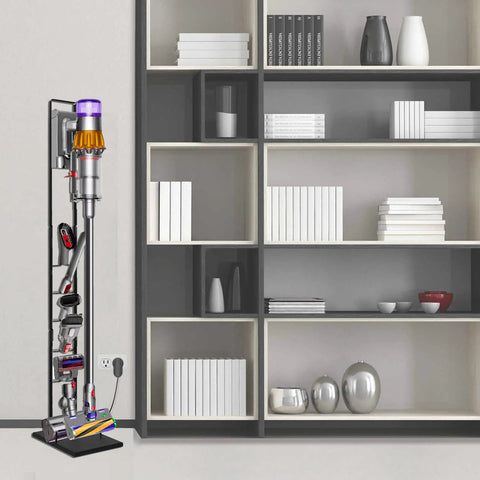 Cordless Vacuum Stand For Dyson V6 To V15 With Heavy Base Metal Bracket Holder And Attachment Storage next to shelves