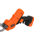 Premium 18V Cordless Hand Grass Trimmer With 2Ah Lithium Battery showing orange cordless tool with blade for trimming.