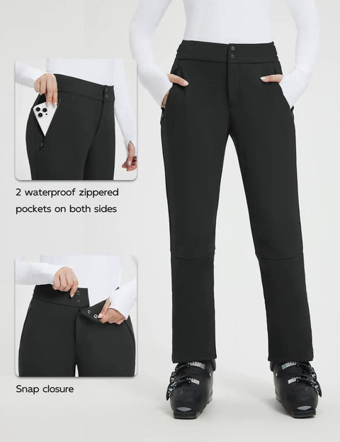 Waterproof Softshell Winter Ski Pants For Women, Fleece Lined Insulated Snow Pants For Snowboarding And Hiking, Black XS, pockets