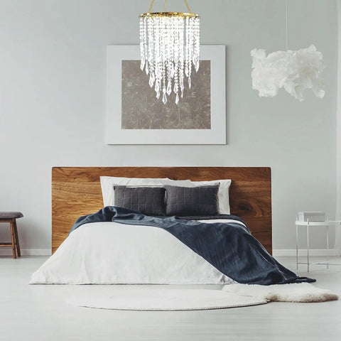 Room featuring Beaded Acrylic Chandelier Pendant Light With Gold Frame 3 Tier Hanging Lampshade For Bedroom And Wedding Decor