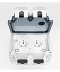 Smart Dual WiFi Socket With IP66 No Sweat Weather Shield For Indoor Outdoor Power with lid open, showing dual outlets.
