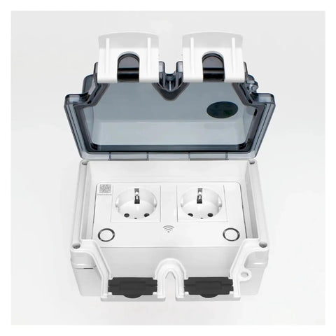 Smart Dual WiFi Socket With IP66 No Sweat Weather Shield For Indoor Outdoor Power with lid open, showing dual outlets.