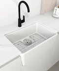 24 Inch White Farmhouse Kitchen Sink With Apron Front, Single Bowl Ceramic Design, Includes Bottom Grid And Strainer, Built Tough For Busy Kitchens And No Fuss Cleanup