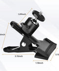 Heavy Duty Camera Mount Clip With 360 Degree Ball Head, Black Spring Clamp, side view, labeled dimensions