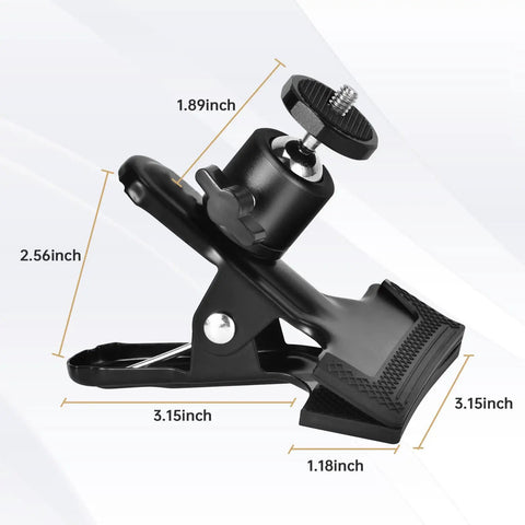 Heavy Duty Camera Mount Clip With 360 Degree Ball Head, Black Spring Clamp, side view, labeled dimensions