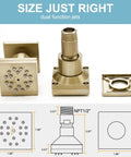 Slick 28 Inch Ceiling Rainfall Shower Panel With Bright Led Display And Six Dual Mode Body Jets Complete Brushed Gold Bathware Kit showing dual function jets and measurements.