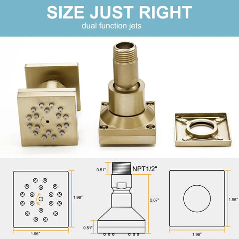 Slick 28 Inch Ceiling Rainfall Shower Panel With Bright Led Display And Six Dual Mode Body Jets Complete Brushed Gold Bathware Kit showing dual function jets and measurements.