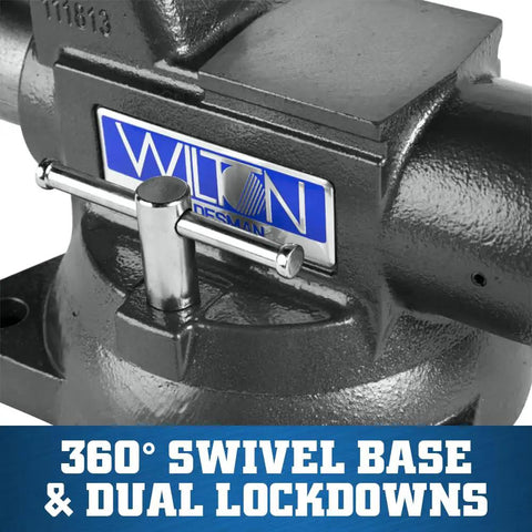 Beefy Pro Grade Tradesman XC Bench Vise With Six And A Half Inch Jaw Width, Six Inch Opening, Four Inch Throat, 360 Degree Swivel Base With Double Lockdowns, 60,000 PSI Ductile Iron Body For Lifetime Smooth Operation, Enclosed Design Keeps Lubrication, 360° swivel base close-up