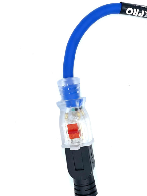 Beast Mode 50 Ft 14 Awg Blue Extension Cord With Illuminated Locking Receptacle showing clear plug and blue insulation.