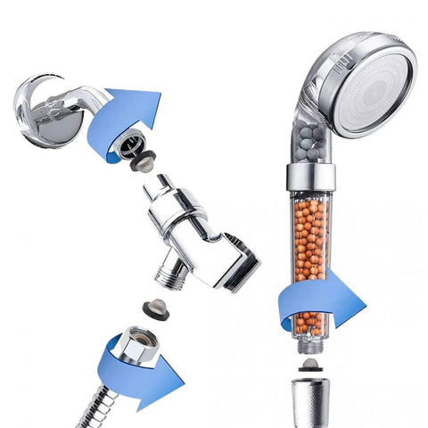 Exploded view of shower head with Eight Pack Hose Filter Washers With 60 Mesh Stainless Steel Screens For One Half Inch connectors.
