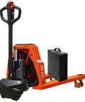 Robust 4400 Lb Capacity Motorized Electric Pallet Jack Truck With Standard Forks, orange color, includes battery, industrial use.
