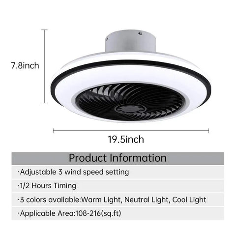 LED Modern Ceiling Fan With Lights Dope Flush Mount Black Ceiling Fan Remote Dimmable 72W 3 Color Temperature dimensions