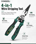4 In 1 Wire Stripping And Testing Pliers With Built In Voltage Tester For Cutting, Crimping, And Pulling Wires, Handy On The Job Electrician Tool Pliers That Are Compact, Durable, And Easy To Store, Green on white background