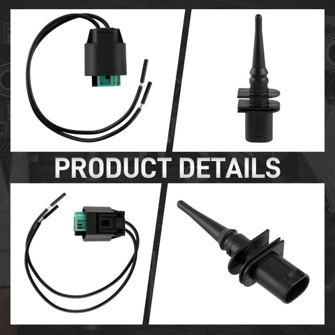 Collage of outside ambient air temperature sensor with 2 pin connector pigtail for BMW 1 Series M 128i 135i 320i 323i 323Ci 325i 325Ci and Mini Cooper replacement sensor