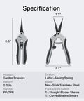 Specifications sheet of Six Point Five Inch Pruning Shears Set, Two Pack Garden Scissors With Stainless Steel Blades, Ergonomic Handles.