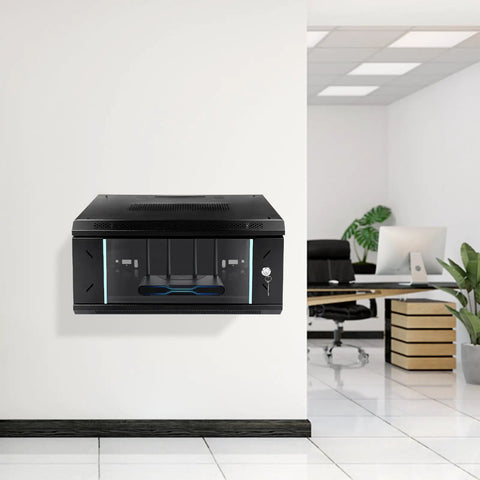 Rock Solid 4U Wall Mount Server Cabinet With Clear Glass Door Network Rack Enclosure on wall in office setting.