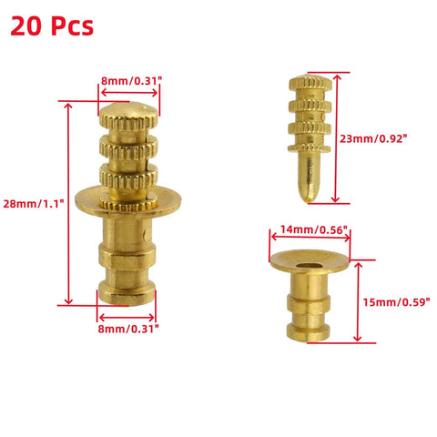 20 Piece Zinc Alloy Table Leaf Connector Kit Featuring Tight Alignment Pins And Heavy Duty Metal Sleeves For Reliable Extension Table Hardware Upgrades And Quick No Sweat Assembly showing detailed measurements of pins and sleeves.